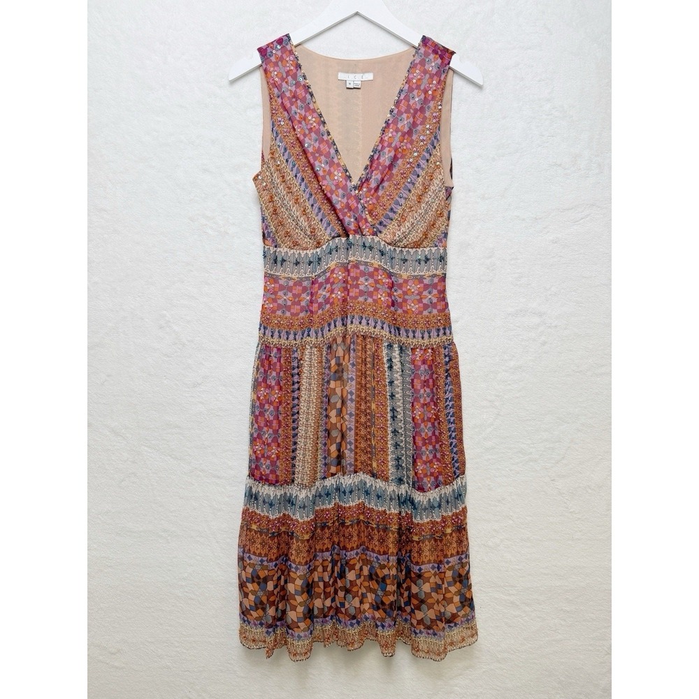 ICE Beaded Sequin Embellished Boho Fit Flare Tiered Dress Silk Georgette Sz 8